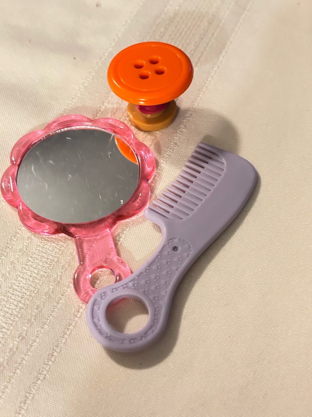 Barbie Pink Flower Mirror with Lavender Comb and Orange Button stool
